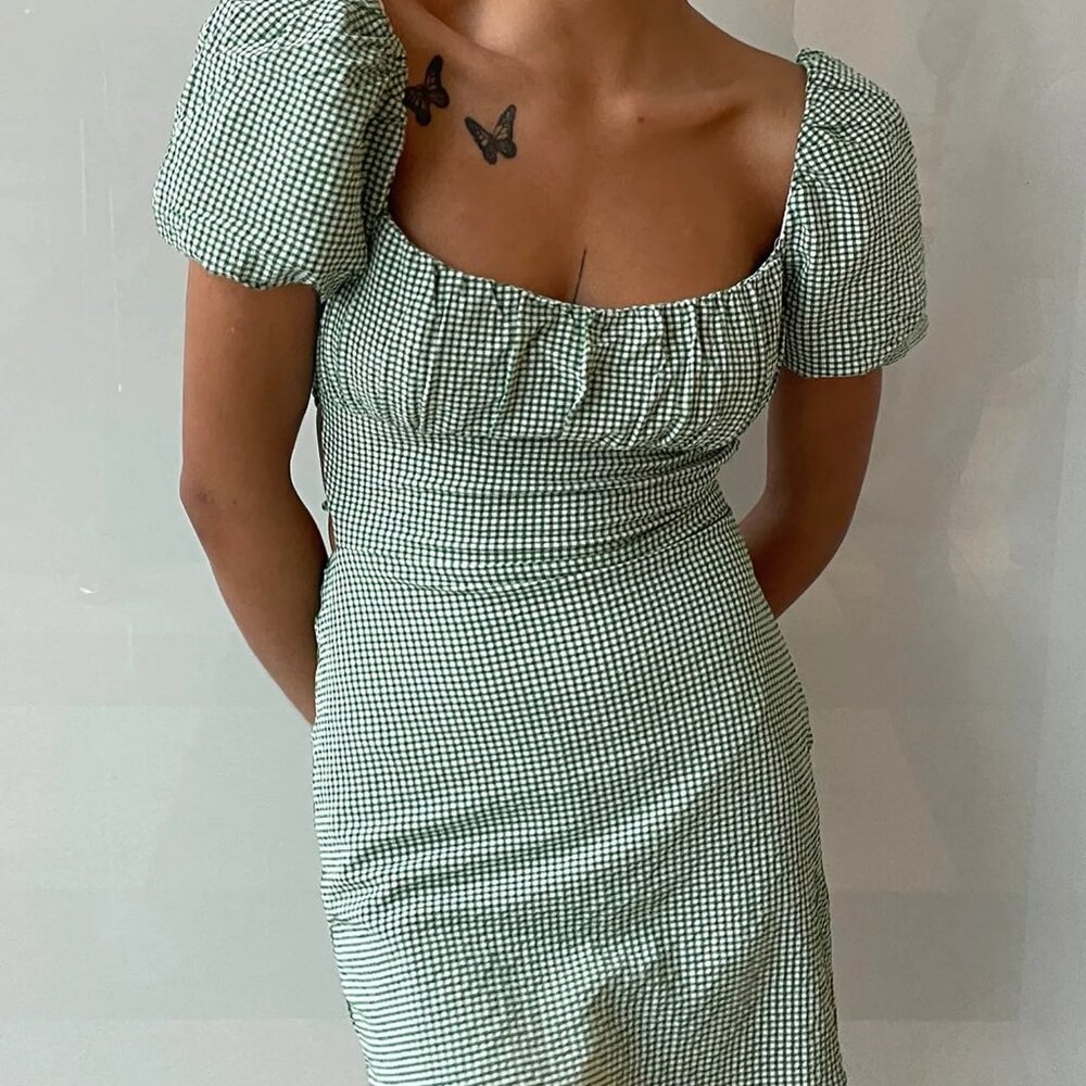 Oak + Fort Gingham Puff Sleeve Mini Dress